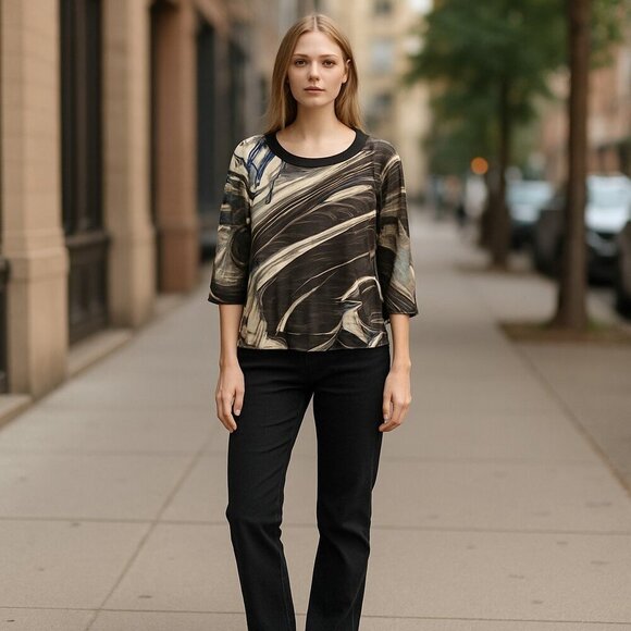 I.N. Studio Black Abstract Lined Tiered Scoop Neck 3/4 Sleeve Blouse Size Large - Picture 1 of 7